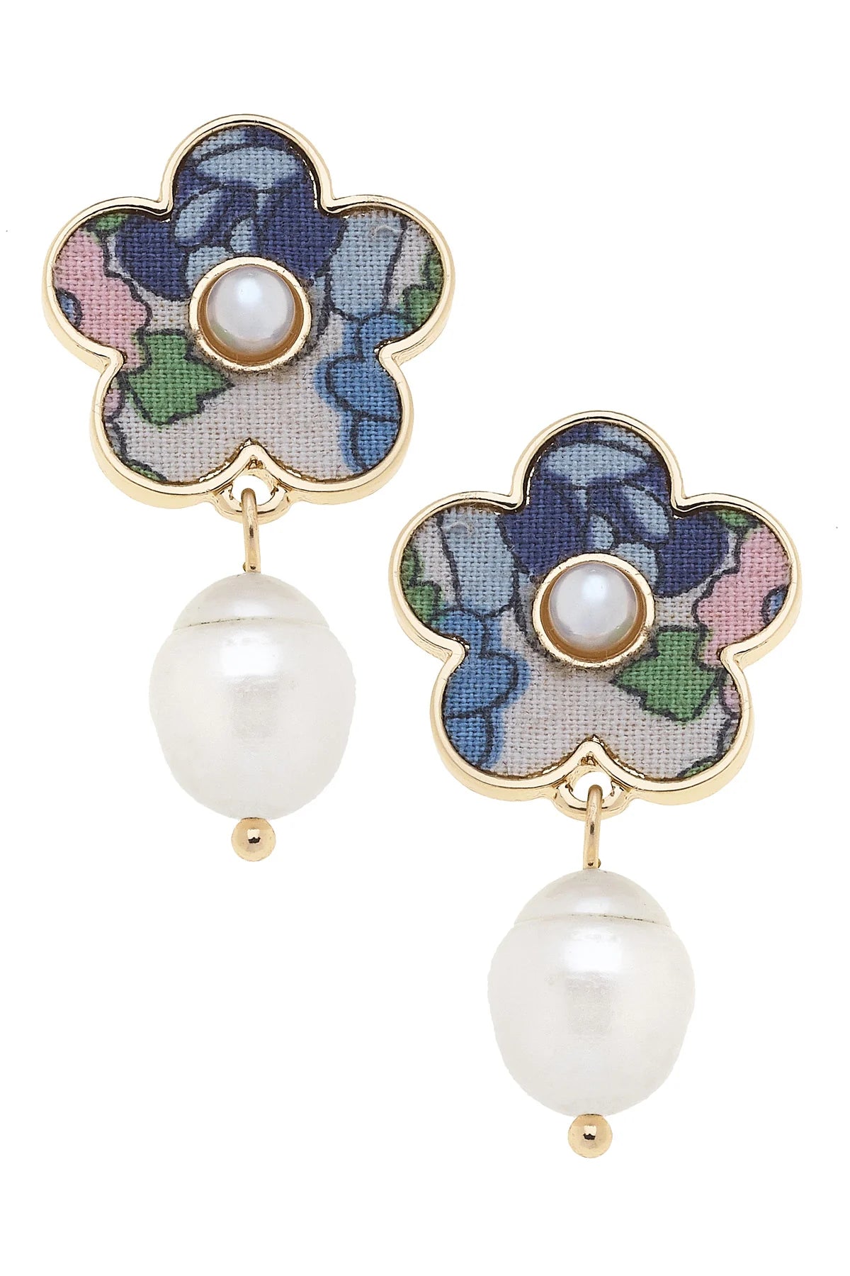 Penelope Vintage Floral Pearl Earrings in Blue