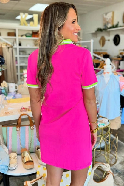 Rose Red Contrast Trim V Neck T-Shirt Dress